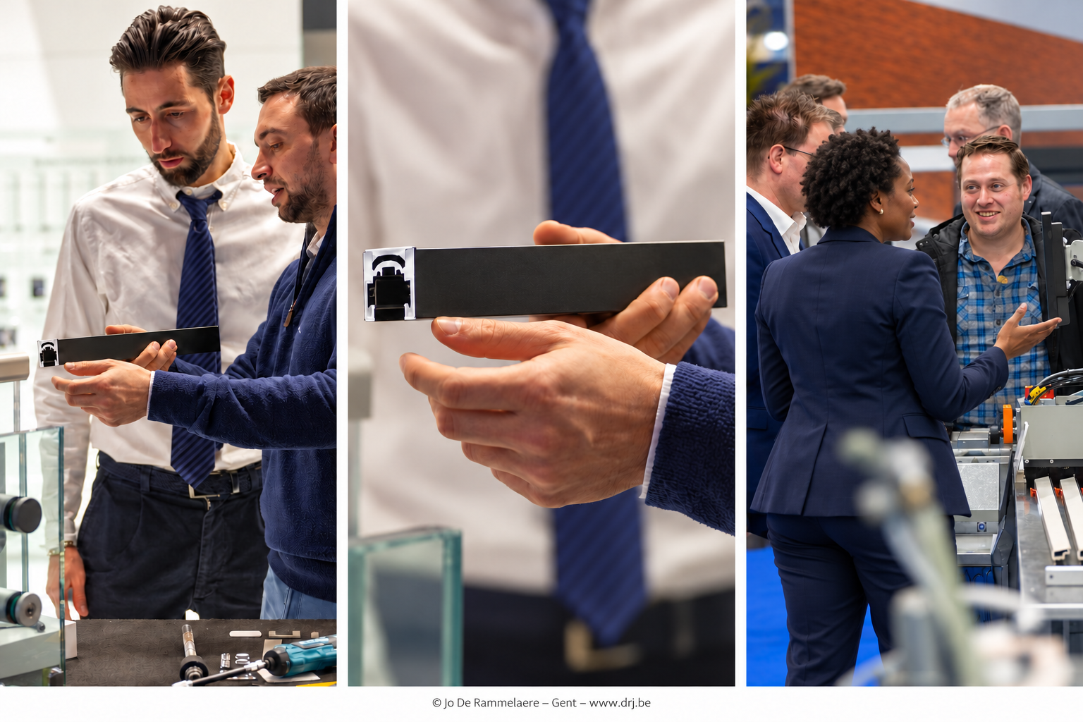 Montage van productontdekking, het aanraken van een profiel en een gesprek bij een machine op Polyclose